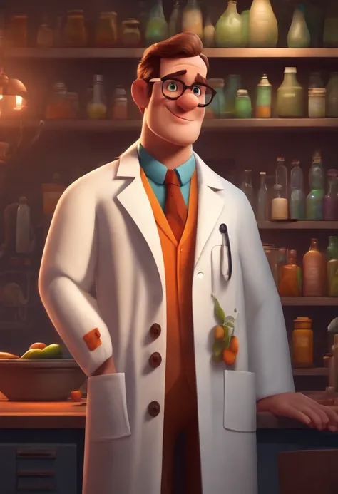 Create a pixar-style character inside a lab coat.