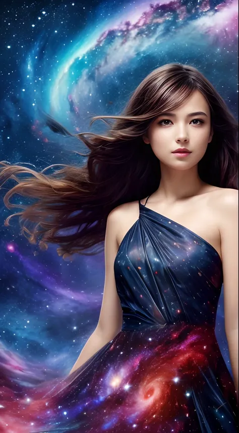 (best quality, masterpiece), 1girl, pose, particle, wind, flower, upper body, simple background, looking at viewer, black wildly hair, cosmic, nebulas, galaxy