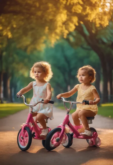 two 3 year twin girls with short hair sitting on two pushbikes in park, cartoon style