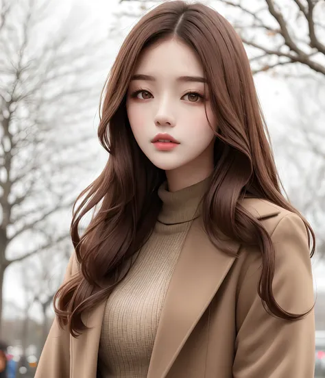 Long brown haired woman in coat and sweater in autumn park, beautiful Korean women, Gorgeous young Korean woman, Korean Woman, Beautiful young Korean woman, Wavy shoulder-length hair, Asian girl with long hair, Korean Girl, thin lustrous hair, brown colore...