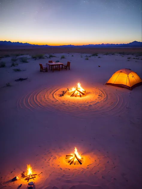 (a camp in the desert at night), sands, starry night, flickering bonfire, silhouettes of tents, night breeze, sand dunes, glowing moonlight, golden sand, cozy atmosphere, serene silence, rustic campsite, tranquil ambiance, lively conversation, distant musi...