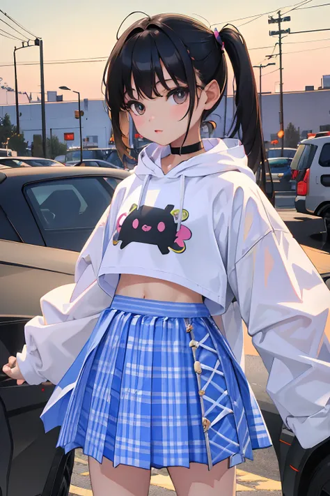 (child)，（​masterpiece，Highest Quality），Crop Top Look，Pastel Hoodie，(gingham checked skirt)，A dark-haired，Twin-tailed，World of toys