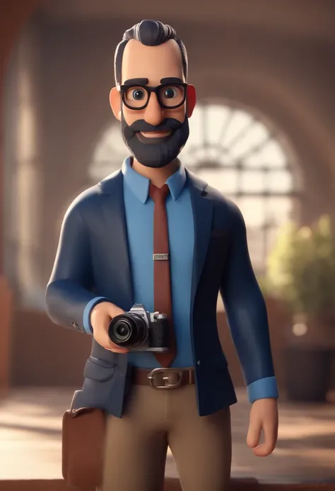 personagem dos desenhos animados de um homem de   barba pequena, Bald man with black glasses and a blue shirt and blue blazer, Holding a Canon brand photo camera Animation character, Caractere estilizado, animation style rendering, 3D estilizado, Arnold Ma...