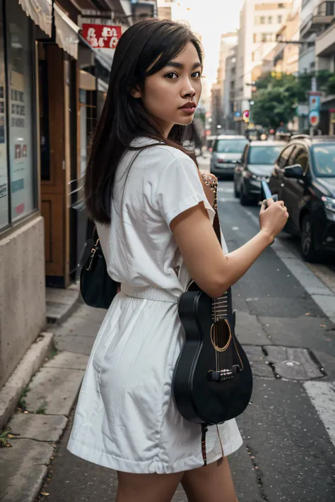 Thai woman carrying a guitar case on her back while walking down a sidewalk, carrying a guitar, holding a guitar, carrying a saddle bag, holding guitars, holding electric guitars, holding a electric guitar, holding an electric guitar, musician, holding ele...