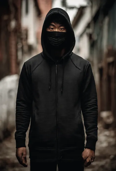 30yo Korean male wearing a black hoodie and black face mask while holding a bloody knife, standing in a dark alley with an evil look in his eyes. Arms to the side