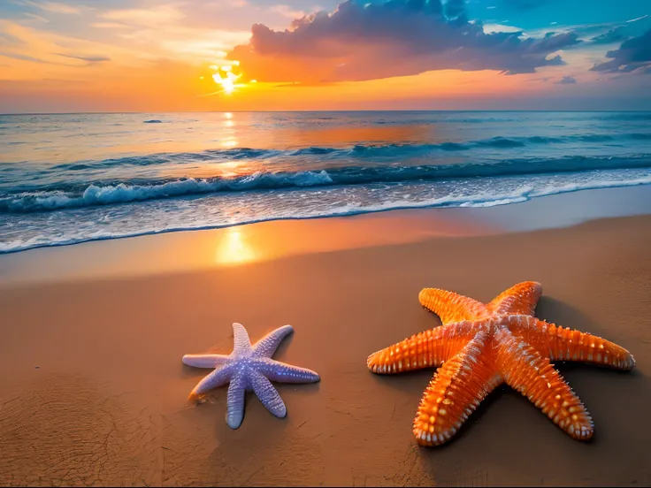 high quality, 8K Ultra HD,an orange starfish on the beach , nature, hyper realistic, sunset, shells, by yukisakura, high detailed