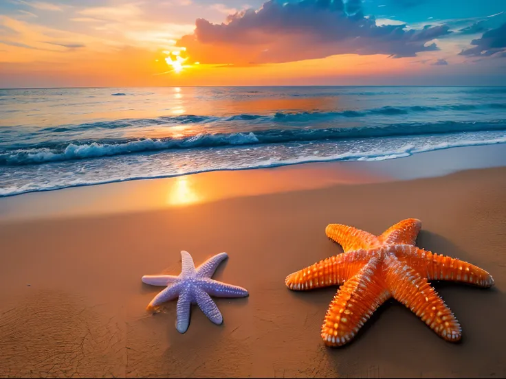 high quality, 8K Ultra HD,an orange starfish on the beach , nature, hyper realistic, sunset, shells, by yukisakura, high detailed