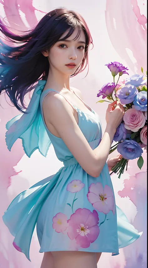 1girl,flower, Lisianthus ,in the style of light pink and light azure, dreamy and romantic compositions, pale pink, ethereal foliage, playful arrangements,fantasy, high contrast, ink strokes, explosions, over exposure, purple and red tone impression , abstr...