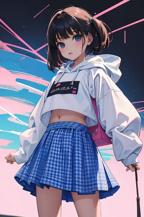 (child)，（​masterpiece，Highest Quality），Crop Top Look，Pastel Hoodie，(gingham checked skirt)，A dark-haired，World of toys