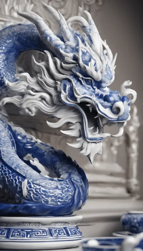 Blue and white porcelain,Ceramic Chinese dragon，Ancient style，On the table，artwork of a，Ornaments， High detail,。.3D， Chiaroscuro, Cinematic lighting, god light, Cinematic lighting, hyper HD, High details, Best quality, A high resolution, Textured skin