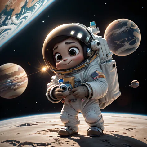 Pixar style, anthropomorphic, cute monster wearing a space suit, (wandering in space), (planets in the background), (masterpiece), (best quality), (super high detail)