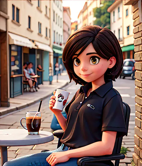 Beautiful Brazilian woman sitting and drinking coffee outside on the side of the street in a small café, beautiful face, Short black hair down to the nape of her neck with brown eyes and heavy eyeshadow, Wearing jeans and a black polo shirt, grande estilo ...