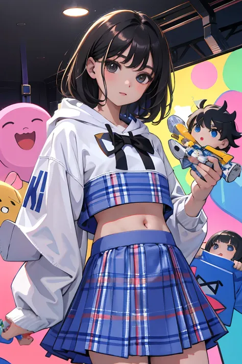 (child)，（​masterpiece，Highest Quality），Crop Top Look，Pastel Hoodie，(gingham checked skirt)，A dark-haired，World of toys