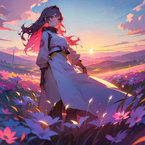 Girl standing on a field of neon flowers, Detailed Face, Out of the frame, Clouds, sun rising