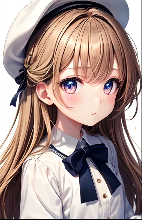 girl with、No background、without background、light brown hair、ocher hair、ocher eyes、animesque、Glitter eyes、White cap、frilld、White Long Sleeve Dress、Long sleeve dress in white、bow ribbon、kawaii、childish、without background