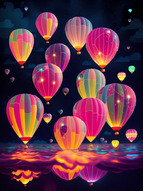 Immerse yourself in a world of pure beauty and wonder，Carefully shaped bioluminescent balloons float elegantly above the clouds。These captivating balloons glow softly, otherworldly glow，Brighten up the surrounding atmosphere。