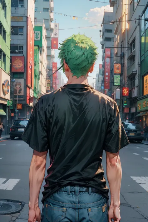 1man, minimalism, zoro roronoa, green hair, eiichirō oda, simple, wearing tshirt and jeans, black tshirt, city from background, ...