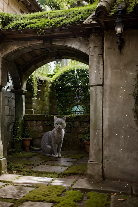 Little gray cat with bright green eyes, An old well covered with gray-green moss, courtyard, the trees, Magic Portal