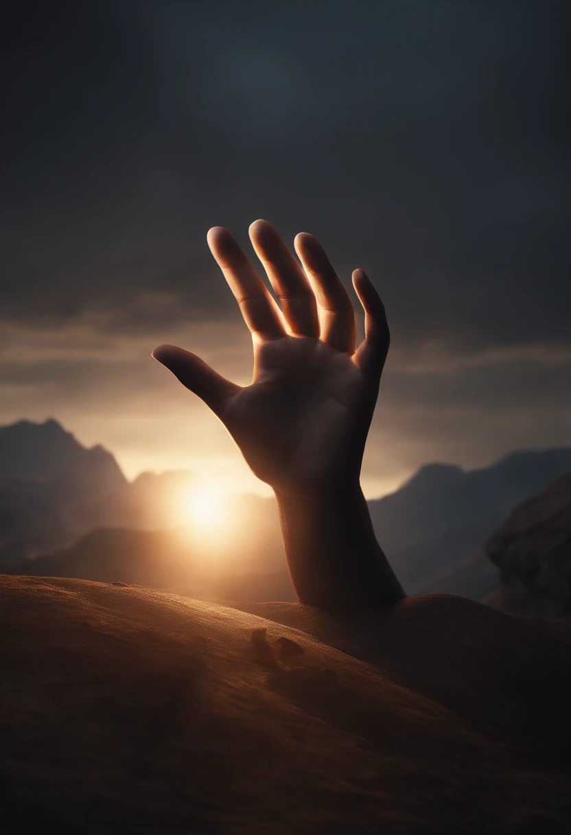 Image of a giant holding with one hand a huge amount of light coming from the front and with the other hand extended in the opposite direction as if calling someone, iluminado, Photorealistic cinematics, corpo inteiro, perfect composition, Beautiful and de...