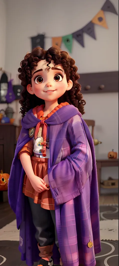 A beautiful child with curly hair, um chapeu de bruxa e uma capa preparada para o Halloween