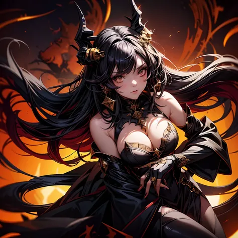 anime girl with horns and a black dress with gold trim, with horns, demon anime girl, beautiful elegant demon queen, with black horns instead of ears, demon girl, dark demonic dancer, succubus | medieval, dark witch character, white horns queen demon, beau...