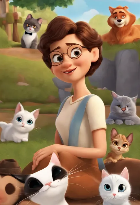 Create a poster inspired by Disney Pixar movies, apresentando um casal morenos claros ele alto 1.80 de altura cabelo curto usando oculos , ela baixinha usando oculos cabelo curto acompanhado por um menino de altura mediana com cabelos castanhos escuros, Fu...