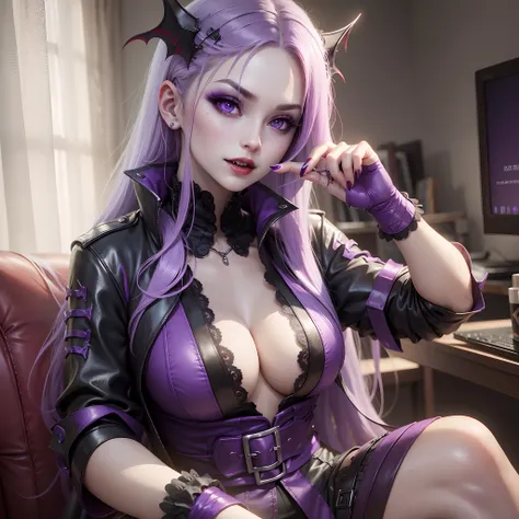 female vampire, white skin, bloody fangs, purple hair, violet eyes, playing a video game. --auto --s2