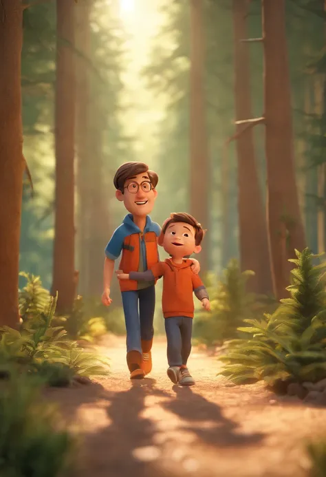 Estilo Pixar: Adult man is holding a boy 2 years old down syndrome in a forest