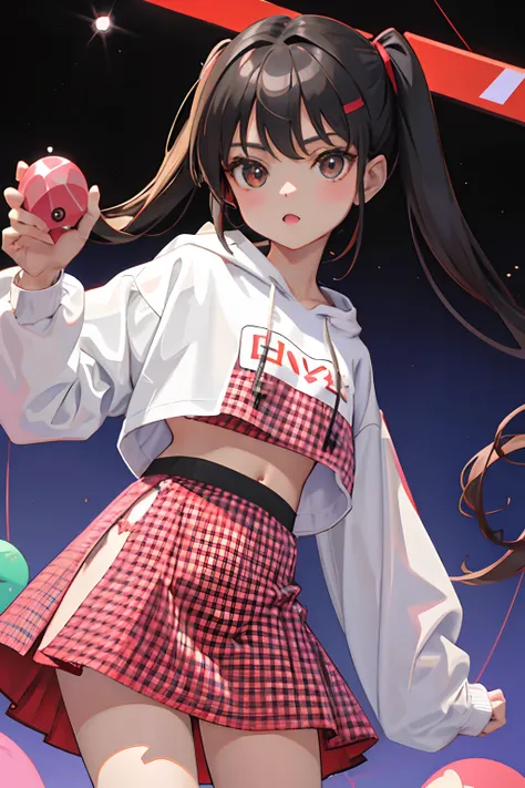 (child)，（​masterpiece，Highest Quality），Crop Top Look，Pastel Hoodie，(Red gingham check skirt)，A dark-haired，World of toys