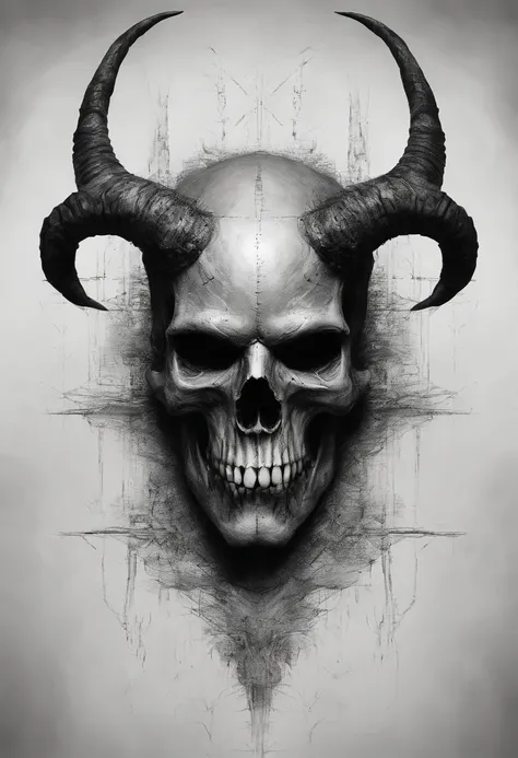 Desenho de lobisomem com quatrs e cinco olhos, Exposed skull with four horns of many points, hyper-realistic, artistic, tudo preto e branco