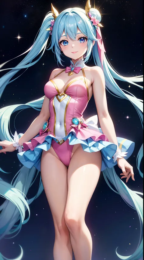 Super Idol　a beauty girl　Outstanding smile　sky blue hair　length hair　Facing straight ahead　Looking at the camera　Twin-tailed　Glittering pink and white、Blue and yellow leotard costume　Mystical　Fantasia　constellation　a moon　Crystal Brilliance　Aurora Borealis...