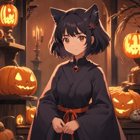 ((superfine illustration, in 8K)),Black cat,Halloween,horor,cute little,Delicate background,城市