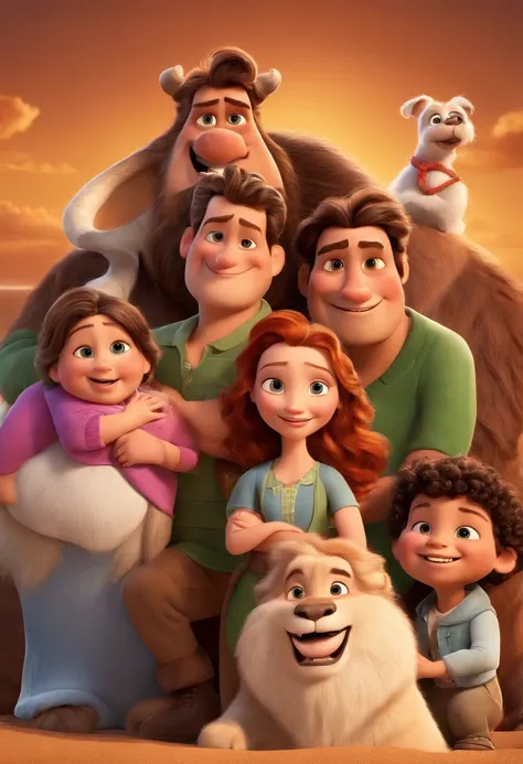 a Disney Pixar movie poster showing a white-skinned family. The father is the tallest, Tem barba curta, loiro, cabelos curtos e espinhosos. The mother has brown eyes and hair, shoulder-length and is slightly overweight. A menina tem 4 anos e cabelos castan...