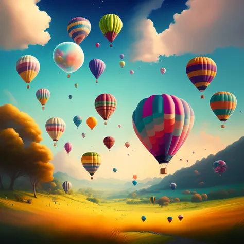 there are many balloons flying in the sky above a field, whimsical fantasy landscape art, hot air balloons, dreamy scene, (fantasy), pastel style painting, balloon, painting of a dreamscape, artwork, amazing background, a beautiful artwork illustration, dr...