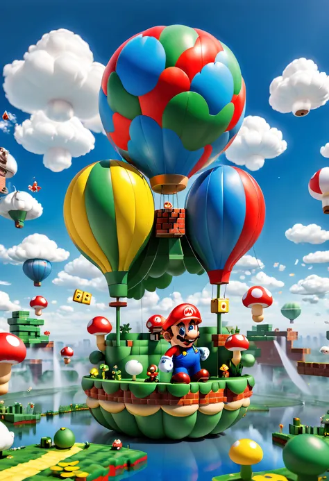 (Best quality,A high resolution:1.2),Ultra-detailed,Realistic,In a brilliant and colorful sky，A giant hot air balloon floats slowly。This hot air balloon look is completely inspired by the world of the Super Mario game，Decorate with Mario、Luigi、Iconic motif...