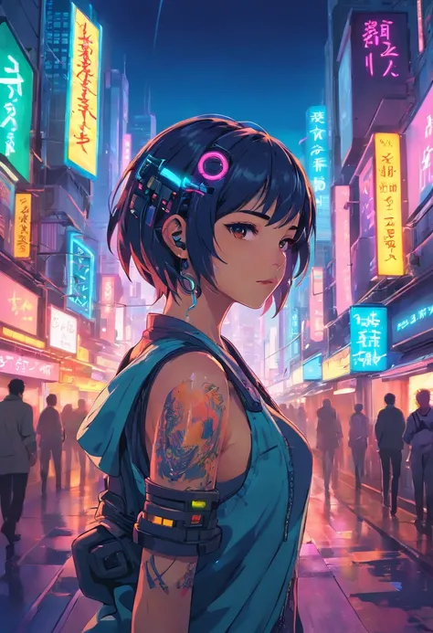 Cyberpunk girl, cityscape, neon lights, arm tattoos