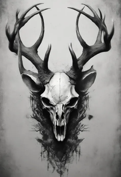 Deer skull with five eyes and four antlers, hyper-realistic, artistic, tudo preto e branco