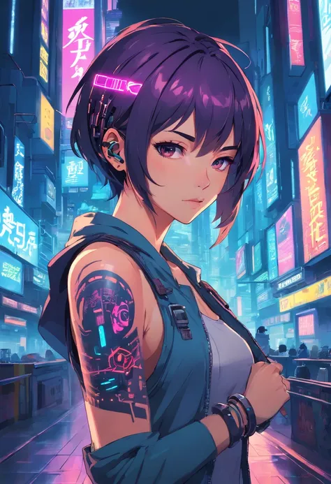 cyberpunk girl, Stadtbild, Neonlichter, Arm-Tattoos