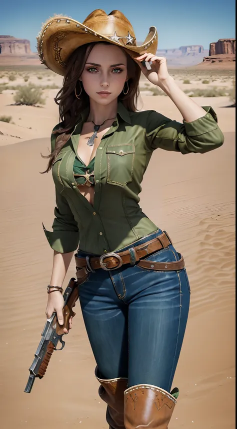 ((masterpiece)), ((8k resolution)), ((a cowboy girl)), with revolver in hand, desert, beautiful, brunette hair, green eyes, posing, sexy, cowboy clothes, brown clothes, long boots, squating position