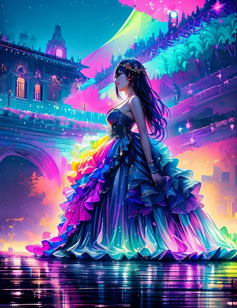 Colorful Metropolitan Museum of Art、River painting with stars and moon in rainbow sky、the met、Shining skyscrapers、Shine across the board、Skyscrapers、Concept art inspired by Mitsuoki Tosa、pixiv contest winners、top-quality、Fantasyart、beautiful anime scene、Br...