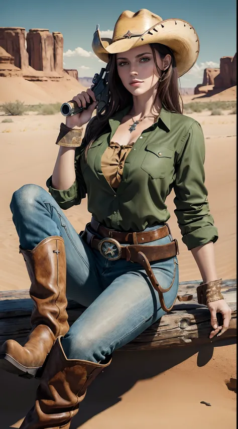 ((masterpiece)), ((8k resolution)), ((a cowboy girl)), with revolver in hand, desert, beautiful, brunette hair, green eyes, posing, sexy, cowboy clothes, brown clothes, long boots, sitting on black horse