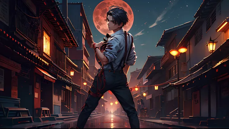 Blood Moon，meteors，Boy student，dark cloude，middle parted hairstyle，Suspenders