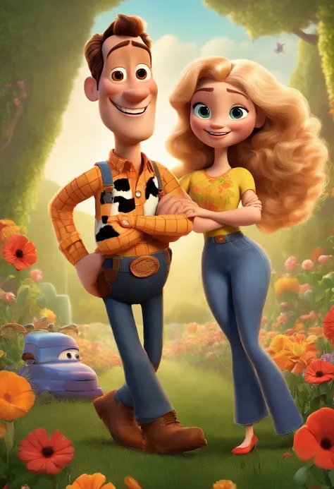 Create a Pixar-style poster titled Me and Him, Shes blonde with long straight hair , sorridente, usando um vestido, And hes a media mulatto , Bald man smiling against a floral backdrop with vibrant colors and textures from Disney Pixar with a couple. arte ...