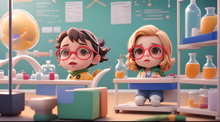 Crie um personagem esrilo Disney pixar, cabelo loiro no ombro, oculos, mesa de laboratorio de aromoterapia