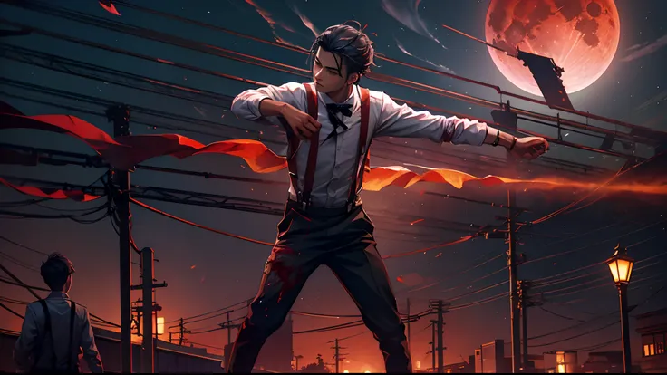 Blood Moon，meteors，Boy student，dark cloude，middle parted hairstyle，Suspenders