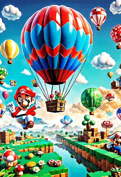 Colorful (hot air balloon:1.1) In a brilliant and colorful sky，A giant hot air balloon floats slowly。This hot air balloon look is completely inspired by the world of the Super Mario game，Decorate with Mario、Luigi、Iconic motifs such as mushrooms and gold co...