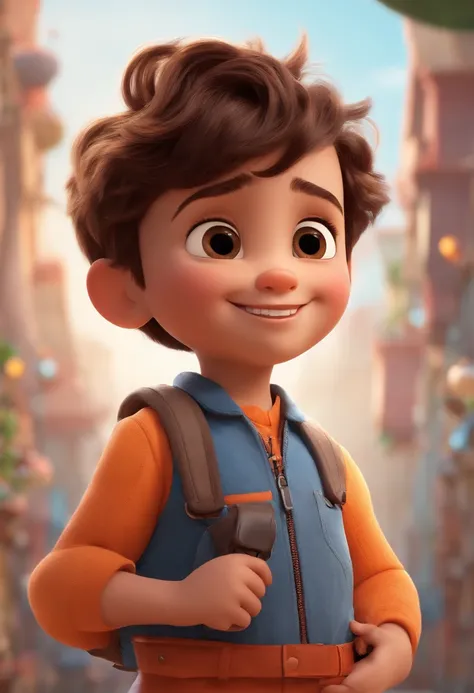 a happy cute kid standing short hair, vestindo uma fantasia espacial, , fundo branco, barnet, toon, estilo pixar, 3d, desenhos animados, rosto detalhado, asymmetrical 16k