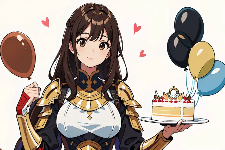 (Best quality, Masterpiece),Sunny，Broad lens，(Brown hair long)，Lively cute girl with medium length black hair，Qi bangs，Wearing prevalence armor，Holding a birthday cake，cheerfulness，Birthday party，Balloons full of love