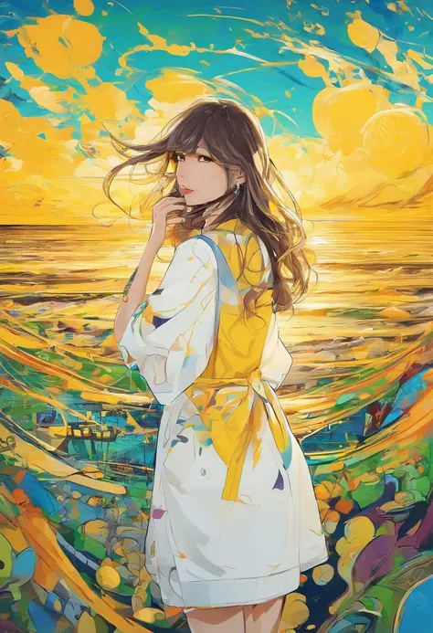 Yellow sunlight，Green lawn，ocean water，blue-sky，baiyun，A girl in white，looking to the camera