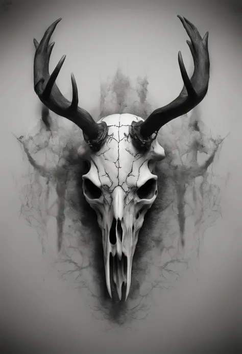 Moose skull with five eyes and four horns, hyper-realistic, artistic, tudo preto e branco